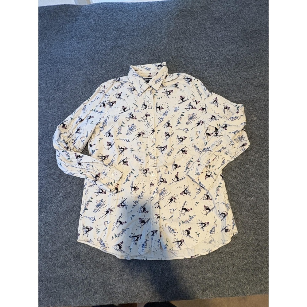 Lands End Shirt womens Medium White Ski Print Long Sleeve Button Down Winter Mtn